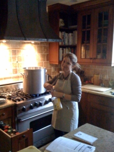The Soup Lady Leslie Blanchard cooks chicken noodle soup on the first week of The Soup Lady in Chatham, New Jersey.